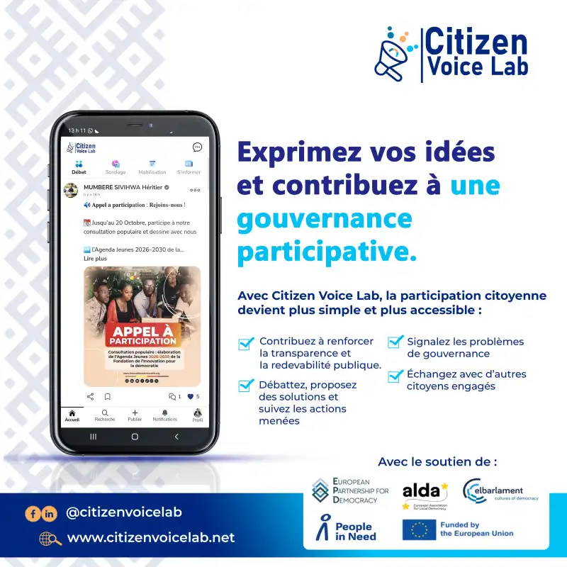 Image Avec Citizen Voice Lab, la participation citoyenne devient plus simple et plus accessible :


✅ Signalez les problèmes de gouvernance ou de services publics dans votre communauté
✅ Débattez, proposez des solutions et suivez les actions menées
✅ Échangez avec d’autres citoyens engagés
✅ Contribuez à renforcer la transparence et la redevabilité publique.