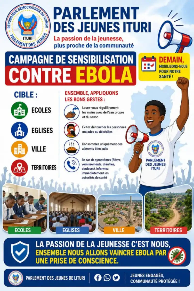 Image ÉMISSION : JEUNE ET CONSCIENCE

Lundi 20 juillet 2026 | 17h30 – 18h00
RTNC Sous-station de Beni | 91.00 MHz

À la une

Comprendre l'utilisation des thermoflashs pour la prise de température dans les lieux publics et les différentes structures de santé de la ville de Beni.

Depuis la résurgence de la maladie à virus Ebola, les thermoflashs sont de nouveau utilisés dans les hôpitaux, les centres de santé et plusieurs lieux publics. À quoi servent-ils réellement ? Pourquoi la prise de température est-elle importante ? Un thermoflash peut-il détecter à lui seul un cas d'Ebola ? Quelles sont les limites de cet appareil et quel comportement adopter lorsqu'une personne présente de la fièvre ?

Pour répondre à ces questions et lever les inquiétudes de la population, Jeune et Conscience reçoit un expert de la riposte contre Ebola qui expliquera le rôle des thermoflashs dans la prévention et le dépistage précoce de la maladie.

Suivez l'émission ce lundi 20 juillet 2026 de 17h30 à 18h00 sur RTNC Sous-station de Beni, 91.00 MHz.
Votre réaction sur le 0998432548 et le 0829558363