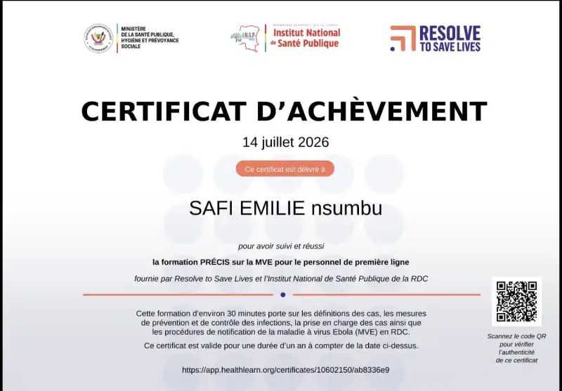 Image Formation PRÉCIS sur la MVE pour le personnel de première ligne ! Votre certificat est prêt : app.healthlearn.org/..nlock Partagez ce lien avec vos amis et vos collègues pour qu'ils puissent célébrer votre réussite et découvrir la formation.