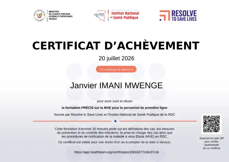 Image Je suis heureux de partager que j'ai récemment complété la formation PRÉCIS sur la Maladie à Virus Ebola (MVE) pour le personnel de première ligne. Cette initiative de Resolve to Save Lives et de l'Institut National de Santé Publique de la RDC est vitale pour la protection de nos communautés. La connaissance des définitions de cas, des mesures de prévention et de la prise en charge de la MVE est fondamentale pour une réponse efficace sur le terrain. Ensemble, renforçons la voix citoyenne pour une meilleure santé publique ! 
#SantéCommunautaire #EbolaRDC #Prévention #FormationSanitaire